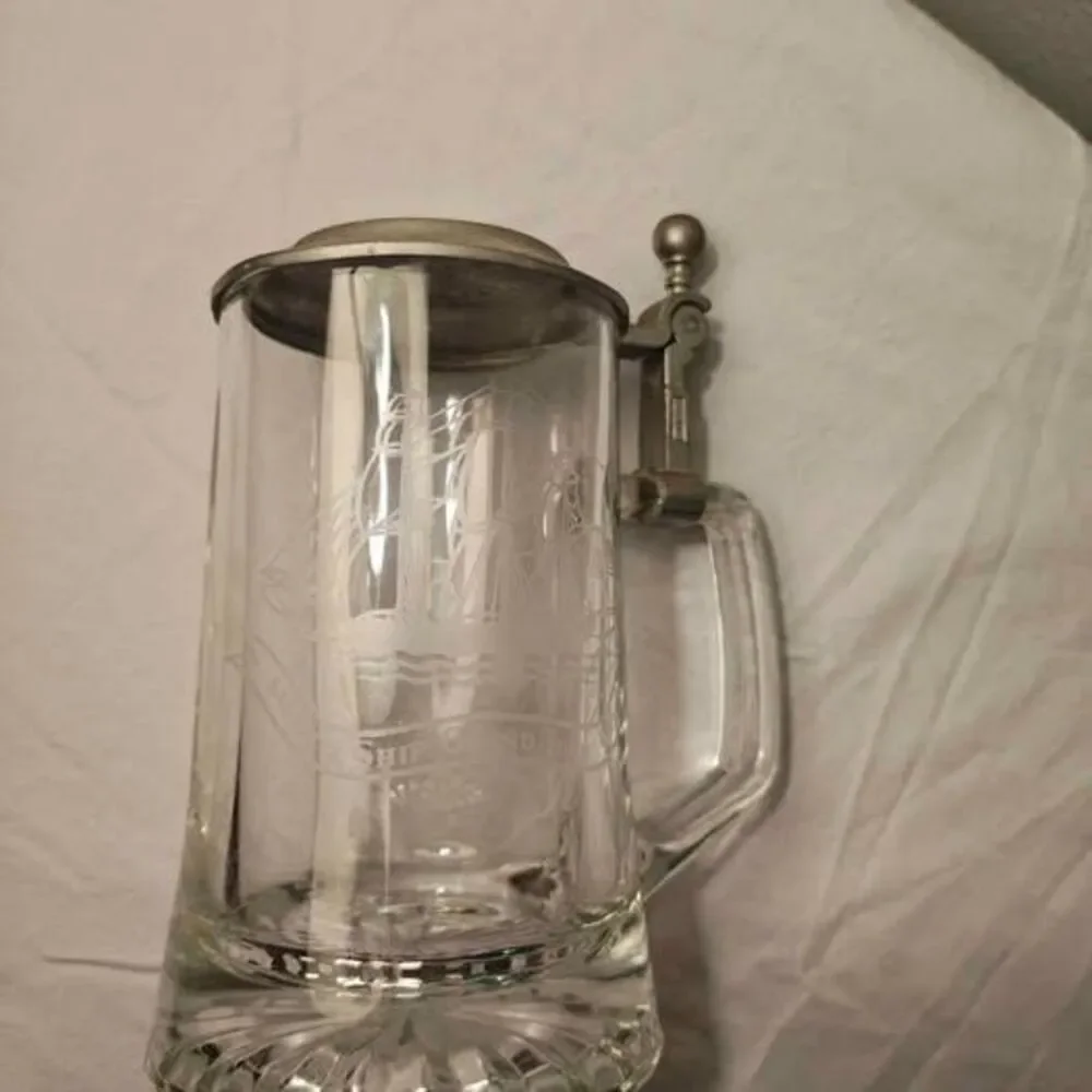 Vintage 1980s Old Spice Glass Beer Stein with Pewter Lid - Sailing Ship Grand Tu